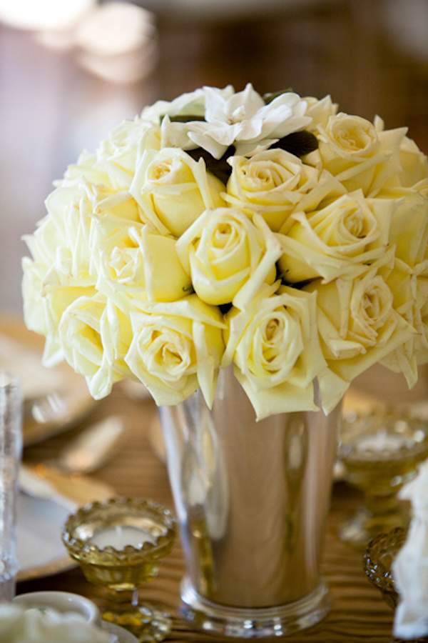 yellow rose centerpiece bouquet - real wedding photo by Orange County photographers Boutwell Studio